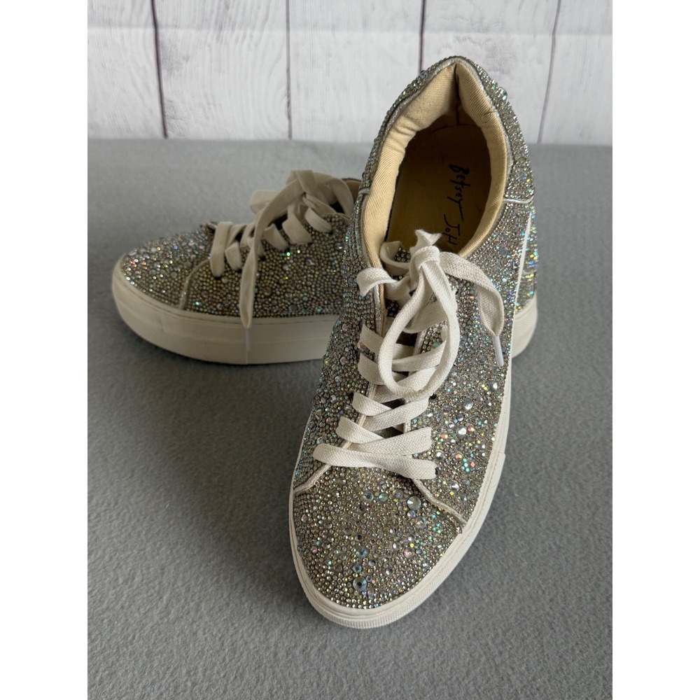 Betsey Johnson Sidny Rhinestone Platform Sneakers Silver Iridescent Sparkle 8.5 - Picture 3 of 10